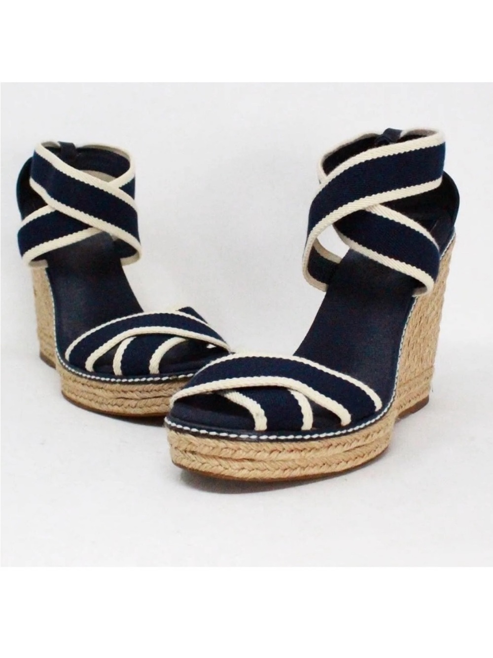 Tory Burch Adonis Navy and Cream Espadrille Wedge Sandals